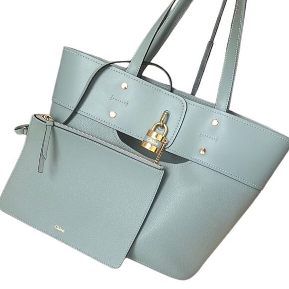Chloé Aby Blue Leather Gold Lock and Key Attached Pouch Handbag Tote with COA - Picture 1 of 16